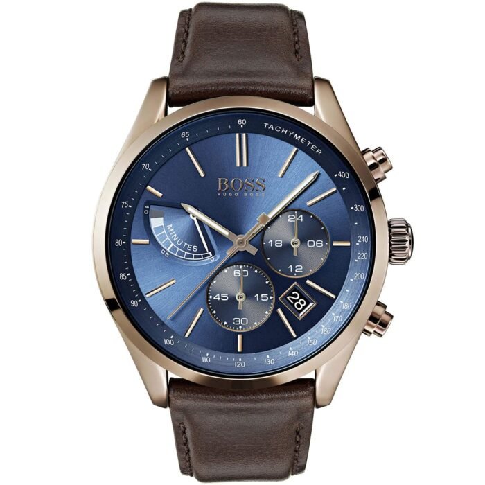 1513604 hugo boss watch men blue dial leather brown strap quartz analog chronograph grand